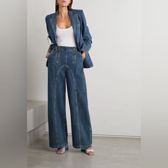 Self-Portrait Denim - Self-Portrait Wide-Leg Stitched High-Rise Denim Jeans 26